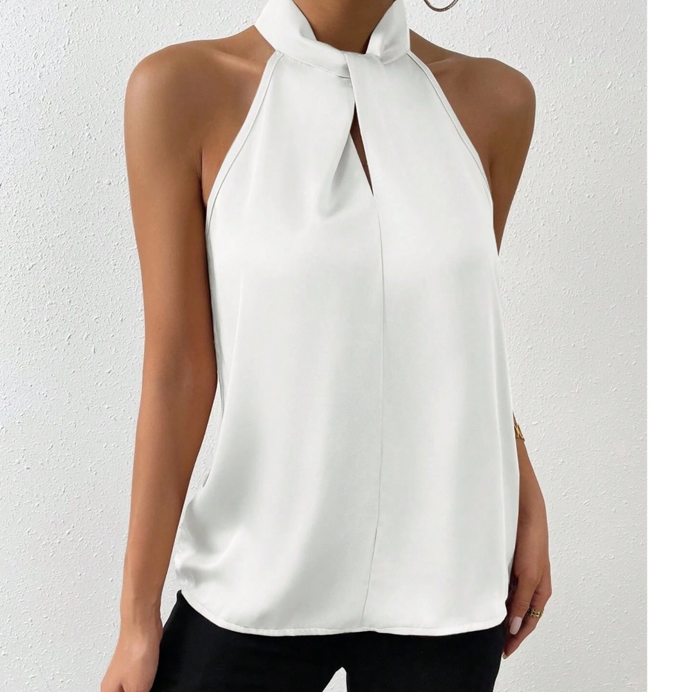 Luxe Champagne Satin Halter Minimalist Tank Top - Picture 7 of 15